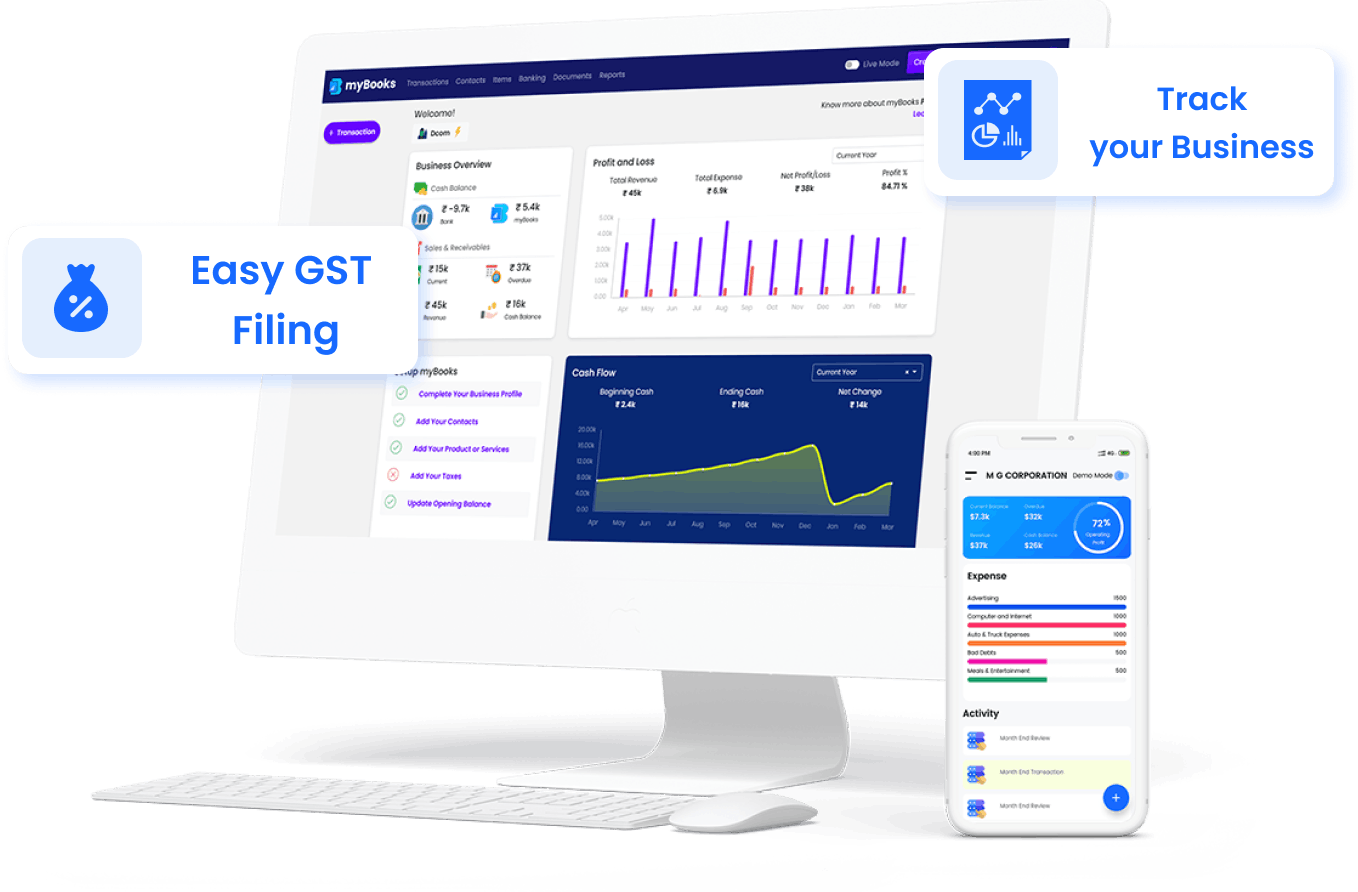 myBooks GST dashboard shown on desktop and mobile