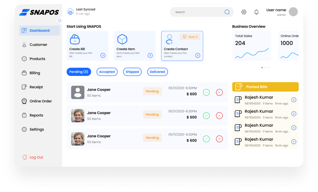 SNAPOS point-of-sale dashboard shown on desktop